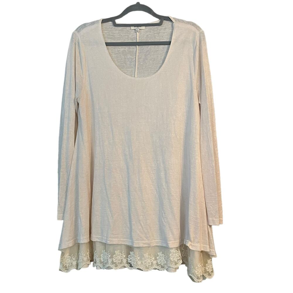 Umgee Cream Tunic Top Lace Trim Large Cotton Blend Long Sleeve Scoop Neck
